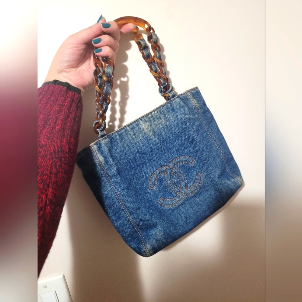 Vintage 90's CHANEL Handbag, Denim with Tortiseshell Handles